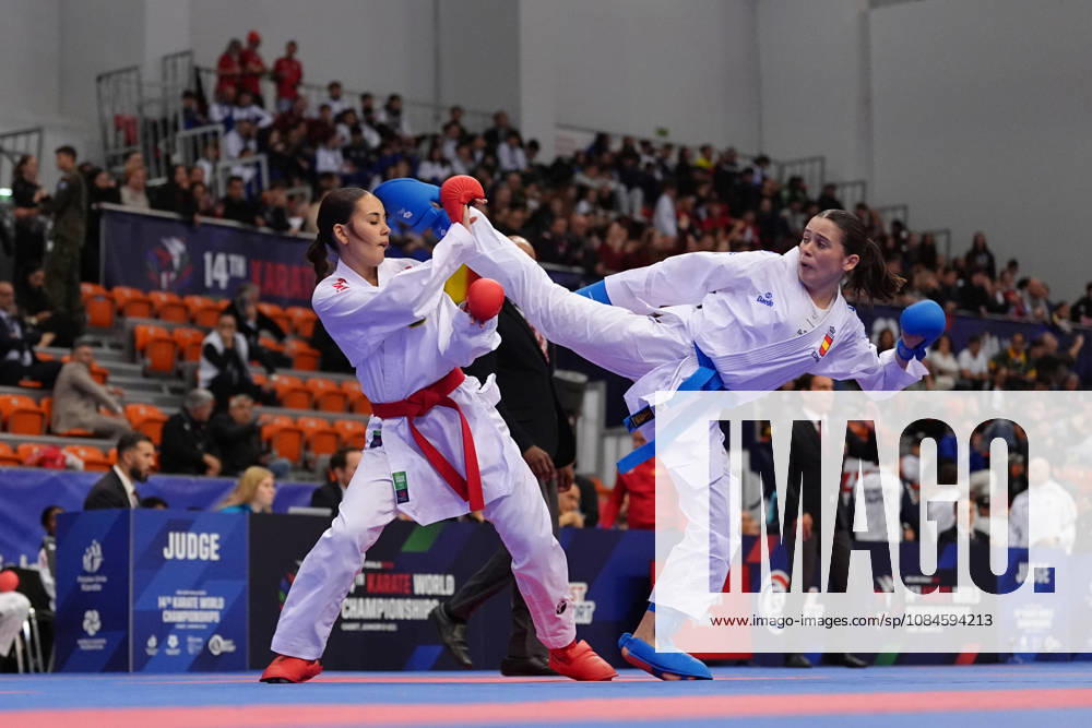 2026 World Cadet, Junior & U21, U 21 Karate Championships BIELSKO-BIALA, POLAND - OCTOBER 16: Celia Cofradas Del Castillo (R) of Spain is seen in action during cadet female kumite -47kg semi-final at the 2026 World Cadet, Junior & U21 Karate Championships at Hala Pod Debowcem on October 16, 2026 in Bielsko-Biala, Poland. Bielsko-Biala Hala Pod Debowcem Poland