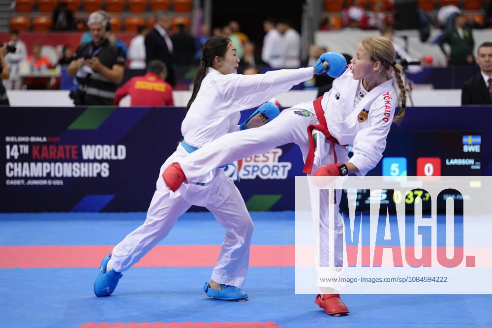 2026 World Cadet, Junior & U21, U 21 Karate Championships BIELSKO-BIALA, POLAND - OCTOBER 16: Presley Allen (L) of the United States is seen in action during cadet female kumite -54kg eliminations at the 2026 World Cadet, Junior & U21 Karate Championships at Hala Pod Debowcem on October 16, 2026 in Bielsko-Biala, Poland. Bielsko-Biala Hala Pod Debowcem Poland