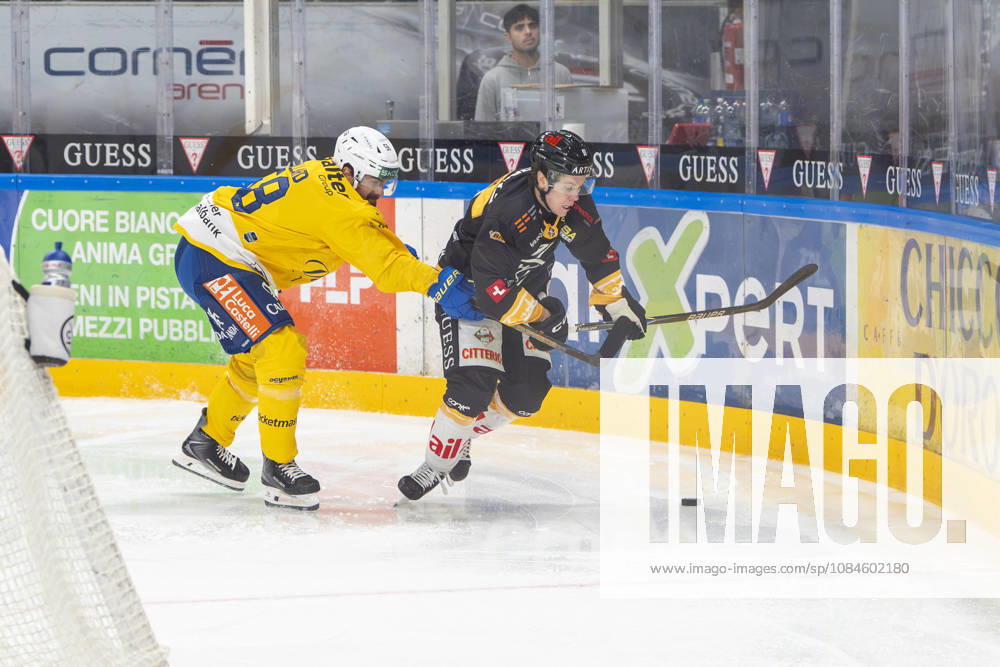 Frederic Allard of Davos L) against Daniel Olsson of Lugano R) during the game between HC Lugano v HC Davos at the Corner Arena on October 16, 2026 in Lugano, Switzerland. Lugano Ticino Switzerland