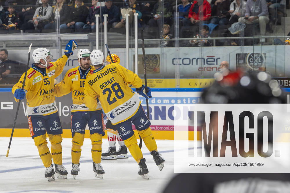 Filip Zadina of Davos 2nd L) celebrated for his goal during the game between HC Lugano v HC Davos at the Corner Arena on October 16, 2026 in Lugano, Switzerland. Lugano Ticino Switzerland