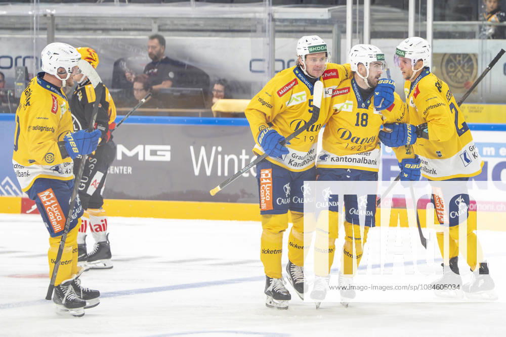Filip Zadina of Davos 2nd R) celebrated for his goal during the game between HC Lugano v HC Davos at the Corner Arena on October 16, 2026 in Lugano, Switzerland. Lugano Ticino Switzerland