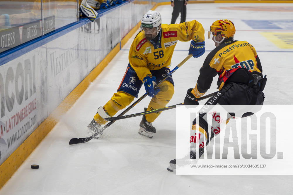 Frederic Allard of Davos L) against Topscorer Jere Innala of Lugano R) during the game between HC Lugano v HC Davos at the Corner Arena on October 16, 2026 in Lugano, Switzerland. Lugano Ticino Switzerland