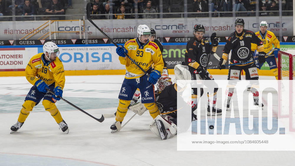 goalkeeper Robert Mayer of Lugano cant saves on Frederic Allard of Davos not showed) during the game between HC Lugano v HC Davos at the Corner Arena on October 16, 2026 in Lugano, Switzerland. Lugano Ticino Switzerland