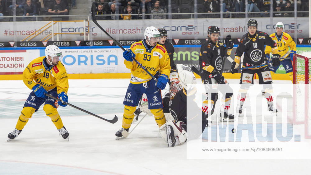 goalkeeper Robert Mayer of Lugano cant saves on Frederic Allard of Davos not showed) during the game between HC Lugano v HC Davos at the Corner Arena on October 16, 2026 in Lugano, Switzerland. Lugano Ticino Switzerland