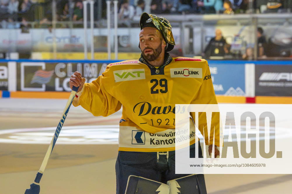 goalkeeper Sandro Aeschlimann of Davos during the game between HC Lugano v HC Davos at the Corner Arena on October 16, 2026 in Lugano, Switzerland. Lugano Ticino Switzerland