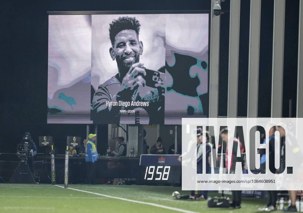 An image of South African rugby player Hyron Diego Andrews is displayed on a digital screen as Edinburgh & Toulon players join fans in a minute s silence in memory of Andrews who died age 31. Edinburgh v RC Toulon, EPCR Challenge Cup, Rugby Union, Hive Stadium, Edinburgh, Scotland, UK - 16 Oct 2026Edinburgh Hive Stadium Scotland United Kingdom