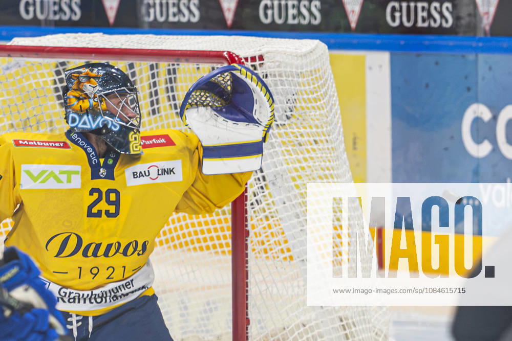 goalkeeper Sandro Aeschlimann of Davos in action during the game between HC Lugano v HC Davos at the Corner Arena on October 16, 2026 in Lugano, Switzerland. Lugano Ticino Switzerland