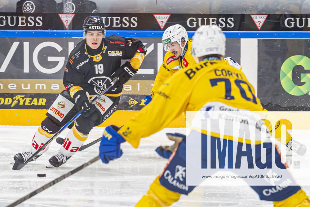 Rasmus Kupari of Lugano L) against Yannick Frehner of Davos C) during the game between HC Lugano v HC Davos at the Corner Arena on October 16, 2026 in Lugano, Switzerland. Lugano Ticino Switzerland