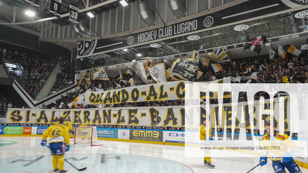 Lugano fans display they choreography before the game during the game between HC Lugano v HC Davos at the Corner Arena on October 16, 2026 in Lugano, Switzerland. Lugano Ticino Switzerland