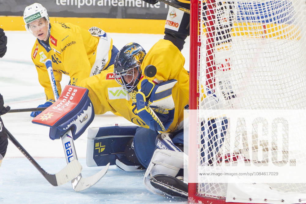 goalkeeper Sandro Aeschlimann of Davos saves during the game between HC Lugano v HC Davos at the Corner Arena on October 16, 2026 in Lugano, Switzerland. Lugano Ticino Switzerland