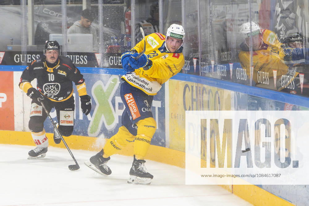 Martin Gernat of Davos R) in action during the game between HC Lugano v HC Davos at the Corner Arena on October 16, 2026 in Lugano, Switzerland. Lugano Ticino Switzerland