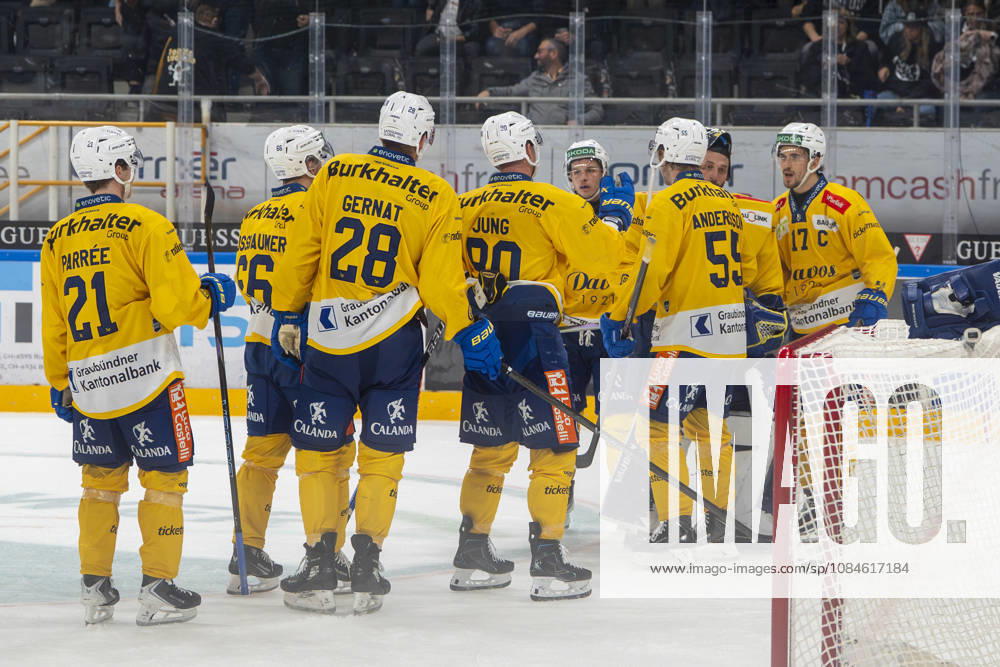 HCD celebrates victory during the game between HC Lugano v HC Davos at the Corner Arena on October 16, 2026 in Lugano, Switzerland. Lugano Ticino Switzerland