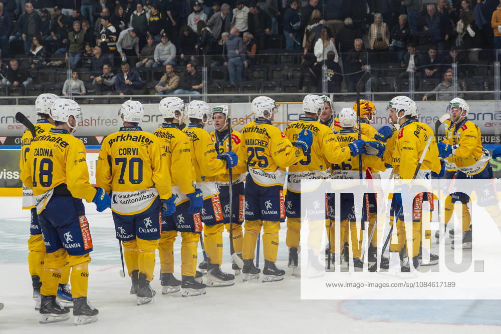 HCD celebrates victory during the game between HC Lugano v HC Davos at the Corner Arena on October 16, 2026 in Lugano, Switzerland. Lugano Ticino Switzerland