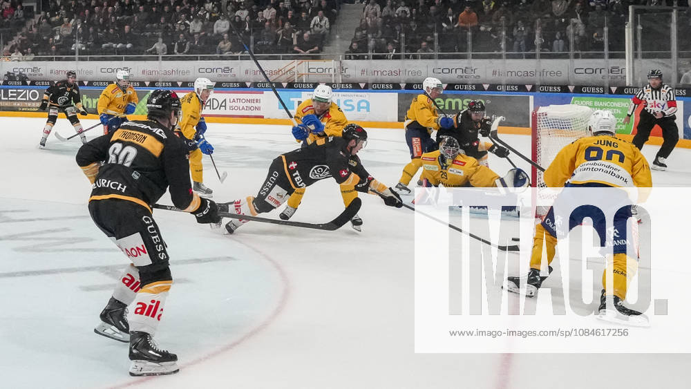 goalkeeper Sandro Aeschlimann of Davos in action during the game between HC Lugano v HC Davos at the Corner Arena on October 16, 2026 in Lugano, Switzerland. Lugano Ticino Switzerland
