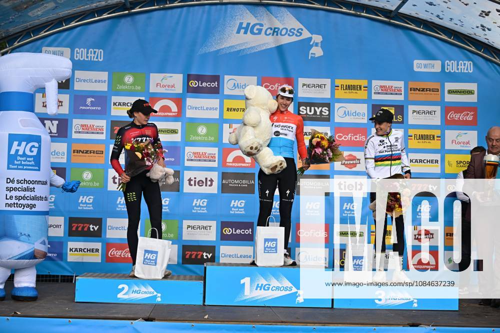 Dutch Aniek van Alphen; Luxembourgisch Marie Schreiber and Dutch Lucinda Brand pictured on the podium of the women s elite race of the Berencross Meulebeke cyclocross cycling event, race 2 8 in the HG Cross competition, on Saturday 17 October 2026. DAVIDxPINTENS x190079693x