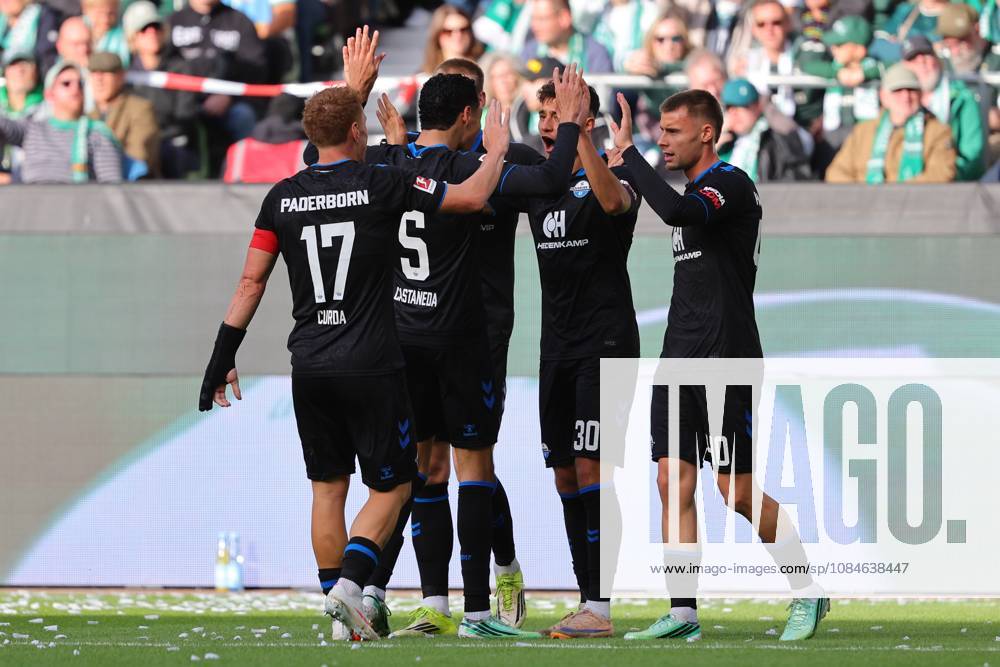 GER, Fussball, 1.FBL Männer, 6. Spieltag, Saison2026 2027, SV Werder Bremen vs. SC Paderborn 07 Torjubel Jubel. Torschütze Torschuetze Stefano Marino (SC Paderborn 07 30) jubelt ueber das Tor zum 0:1 Bremen Weserstadion Bremen Germany