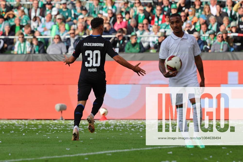 GER, Fussball, 1.FBL Männer, 6. Spieltag, Saison2026 2027, SV Werder Bremen vs. SC Paderborn 07 Torjubel Jubel. Torschütze Torschuetze Stefano Marino (SC Paderborn 07 30) jubelt ueber das Tor zum 0:1 Bremen Weserstadion Bremen Germany