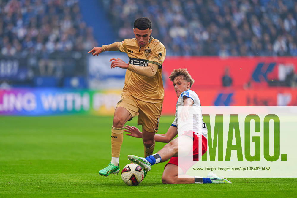 Bilal El Khannouss (VfB Stuttgart, 11), Louis Lemke (Hamburger SV, 37) GER, Hamburger SV vs. VfB Stuttgart, Fußball, 1. Bundesliga, Spieltag 06, Saison 2026 2027, 17.10.2026 DFL REGULATIONS PROHIBIT ANY USE OF PHOTOGRAPHS AS IMAGE SEQUENCES AND OR QUASI-VIDEO GER, Hamburger SV vs. VfB Stuttgart, Fußball, 1. Bundesliga, Spieltag 06, Saison 2026 2027, 17.10.2026 Hamburg