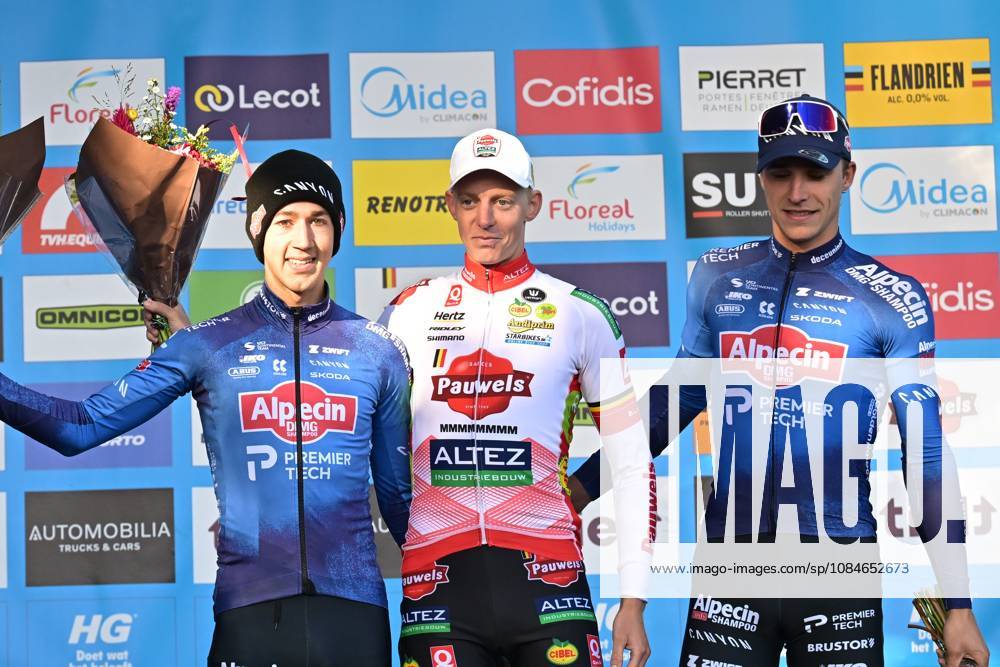 Belgian Jente Michels; Belgian Michael Vanthourenhout and Belgian Niels Vandeputte pictured on the podium after the men s elite race of the Berencross Meulebeke cyclocross cycling event, race 2 8 in the HG Cross competition, on Saturday 17 October 2026. DAVIDxPINTENS x190090611x