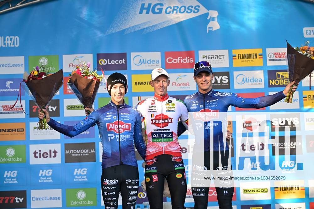 Belgian Jente Michels; Belgian Michael Vanthourenhout and Belgian Niels Vandeputte pictured on the podium after the men s elite race of the Berencross Meulebeke cyclocross cycling event, race 2 8 in the HG Cross competition, on Saturday 17 October 2026. DAVIDxPINTENS x190090619x