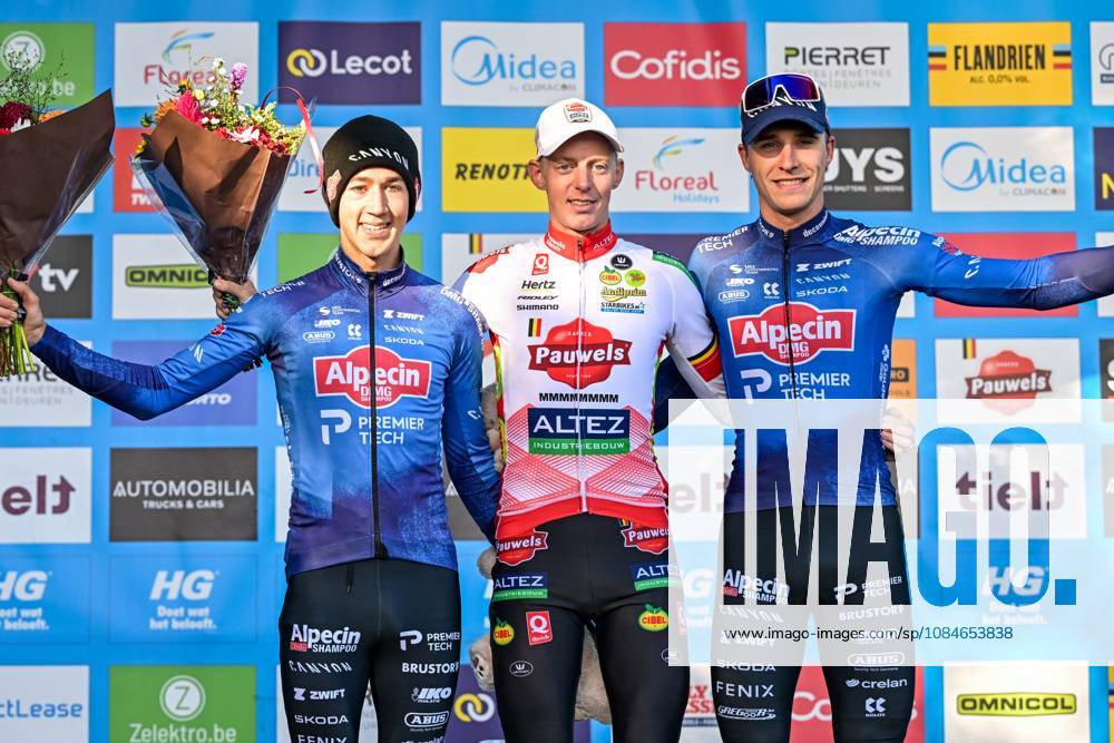 Belgian Jente Michels of Alpecin-Premier Tech; Belgian Michael Vanthourenhout of Pauwels Sauzen-Altez Industriebouw and Belgian Niels Vandeputte of Alpecin-Premier Tech pictured on the podium after the men s elite race of the Berencross Meulebeke cyclocross cycling event, race 2 8 in the HG Cross competition, on Saturday 17 October 2026. DAVIDxPINTENS x190093182x