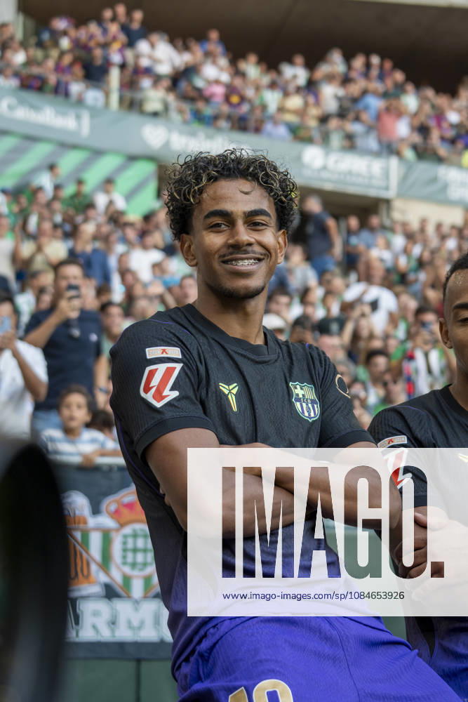 Lamine Yamal (N10) celebrating his first goal in the game during La Liga match between Real Betis and Barcelona at La Cartuja stadium on the 17th of October, 2026 in Seville, Spain