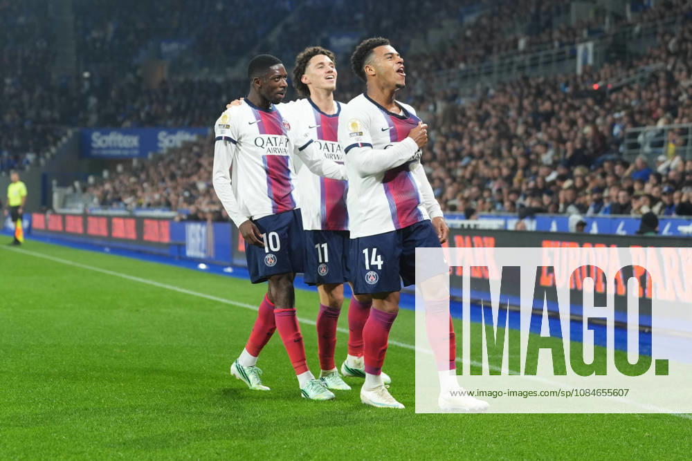 RC Strasbourg Alsace v Paris Saint-Germain - Ligue 1 McDonald s 2026 2027 Desire DOUE of Paris Saint Germain Ousmane DEMBELE of Paris Saint Germain and Maghnes AKLIOUCHE of Paris Saint Germain during Ligue 1 McDonald s match between Strasbourg and Paris at Stade de la Meinau on October 17, 2026 in Strasbourg, France. Strasbourg France