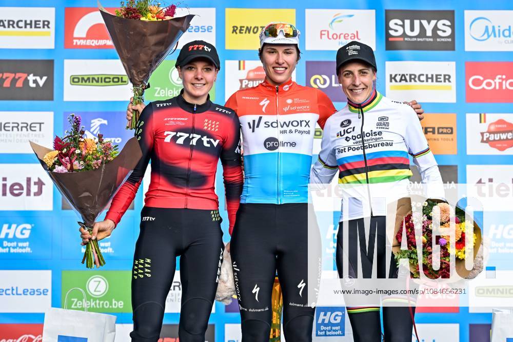 Dutch Aniek van Alphen; Luxembourgian Marie Schreiber of SD Worx-Protime and Dutch Lucinda Brand of Lidl-Trek pictured on the podium after the women s elite race of the Berencross Meulebeke cyclocross cycling event, race 2 8 in the HG Cross competition, on Saturday 17 October 2026. DAVIDxPINTENS x190096464x