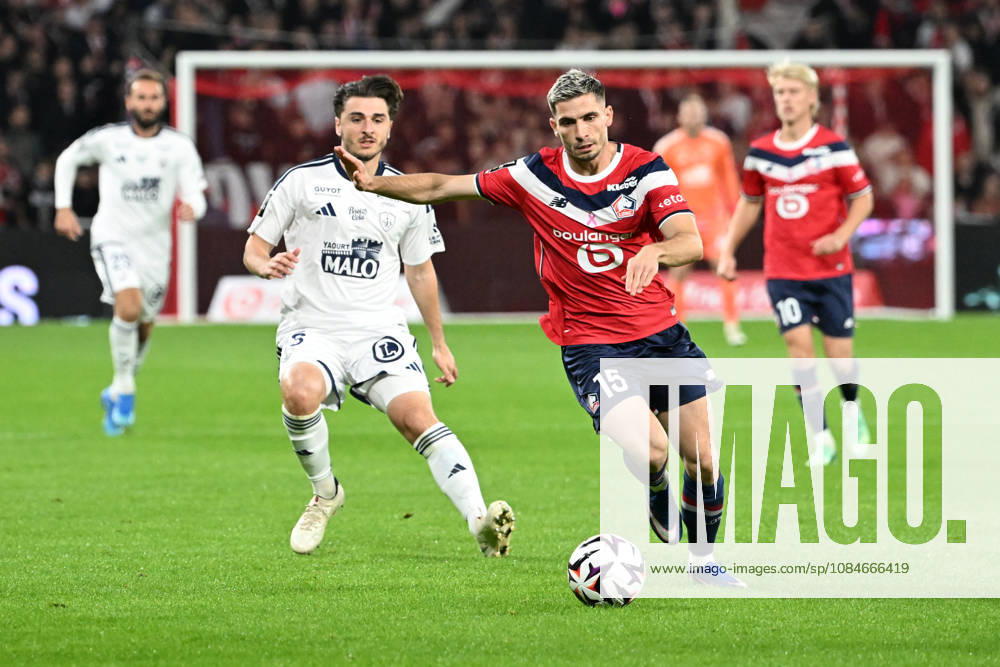 LOSC Lille v Stade Brestois 29 - Ligue 1 McDonald s 2026 2027 Joris CHOTARD of Stade Brestois and Romain PERRAUD of Lille during Ligue 1 McDonald s between Lille and Brest at Stade Pierre Mauroy on October 17, 2026 in Lille, France. Lille France