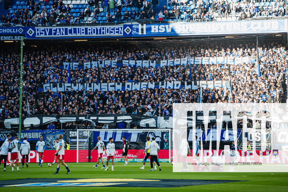 1. Bundesliga: Hamburger SV vs. VfB Stuttgart, 17.10.2026 Nordtribüne mit Banner: Die Raute stark repräsentieren - Glückwunsch Owen und Lucas! ; Fußball, 1. Bundesliga, 6. Spieltag: Hamburger SV vs. VfB Stuttgart am 17.10.2026 im Volksparkstadion, Hamburg DFL REGULATIONS PROHIBIT ANY USE OF PHOTOGRAPHS AS IMAGE SEQUENCES AND OR QUASI-VIDEO.