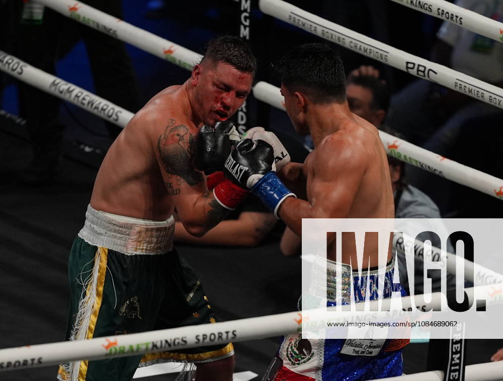 BOXING: Armando Resendiz vs Koen Mazoudier in Las Vegas LAS VEGAS, NEVADA - OCTOBER 17: Armando Resendiz (in blue short) and Koen Mazoudier (in green short) exchange punches during their super middleweight fight on Saturday night at the Chelsea of The Cosmopolitan in Las Vegas, Nevada, United States on October 17, 2026. Tayfun Coskun Anadolu Nevada United States. Editorial use only. Please get in touch for any other usage.