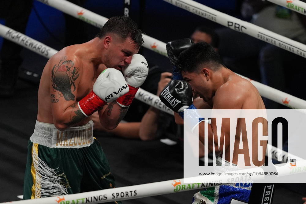 BOXING: Armando Resendiz vs Koen Mazoudier in Las Vegas LAS VEGAS, NEVADA - OCTOBER 17: Armando Resendiz (in blue short) and Koen Mazoudier (in green short) exchange punches during their super middleweight fight on Saturday night at the Chelsea of The Cosmopolitan in Las Vegas, Nevada, United States on October 17, 2026. Tayfun Coskun Anadolu Nevada United States. Editorial use only. Please get in touch for any other usage.