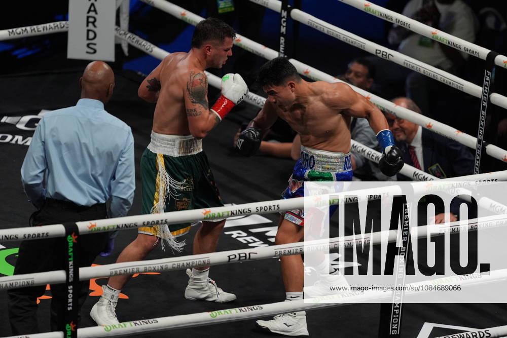 BOXING: Armando Resendiz vs Koen Mazoudier in Las Vegas LAS VEGAS, NEVADA - OCTOBER 17: Armando Resendiz (in blue short) and Koen Mazoudier (in green short) exchange punches during their super middleweight fight on Saturday night at the Chelsea of The Cosmopolitan in Las Vegas, Nevada, United States on October 17, 2026. Tayfun Coskun Anadolu Nevada United States. Editorial use only. Please get in touch for any other usage.