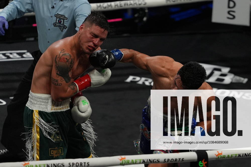 BOXING: Armando Resendiz vs Koen Mazoudier in Las Vegas LAS VEGAS, NEVADA - OCTOBER 17: Armando Resendiz (in blue short) and Koen Mazoudier (in green short) exchange punches during their super middleweight fight on Saturday night at the Chelsea of The Cosmopolitan in Las Vegas, Nevada, United States on October 17, 2026. Tayfun Coskun Anadolu Nevada United States. Editorial use only. Please get in touch for any other usage.