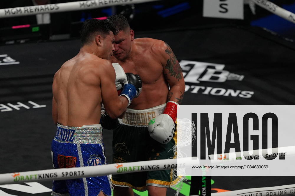 BOXING: Armando Resendiz vs Koen Mazoudier in Las Vegas LAS VEGAS, NEVADA - OCTOBER 17: Armando Resendiz (in blue short) and Koen Mazoudier (in green short) exchange punches during their super middleweight fight on Saturday night at the Chelsea of The Cosmopolitan in Las Vegas, Nevada, United States on October 17, 2026. Tayfun Coskun Anadolu Nevada United States. Editorial use only. Please get in touch for any other usage.