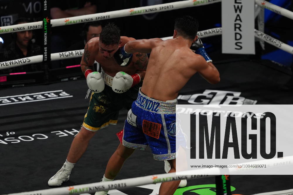 BOXING: Armando Resendiz vs Koen Mazoudier in Las Vegas LAS VEGAS, NEVADA - OCTOBER 17: Armando Resendiz (in blue short) and Koen Mazoudier (in green short) exchange punches during their super middleweight fight on Saturday night at the Chelsea of The Cosmopolitan in Las Vegas, Nevada, United States on October 17, 2026. Tayfun Coskun Anadolu Nevada United States. Editorial use only. Please get in touch for any other usage.