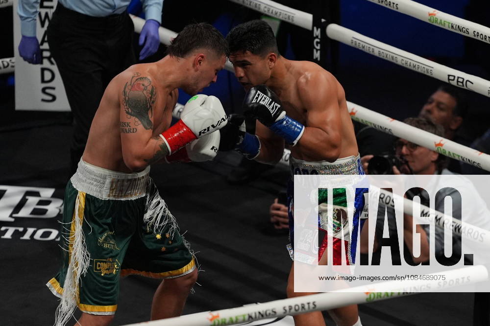 BOXING: Armando Resendiz vs Koen Mazoudier in Las Vegas LAS VEGAS, NEVADA - OCTOBER 17: Armando Resendiz (in blue short) and Koen Mazoudier (in green short) exchange punches during their super middleweight fight on Saturday night at the Chelsea of The Cosmopolitan in Las Vegas, Nevada, United States on October 17, 2026. Tayfun Coskun Anadolu Nevada United States. Editorial use only. Please get in touch for any other usage.