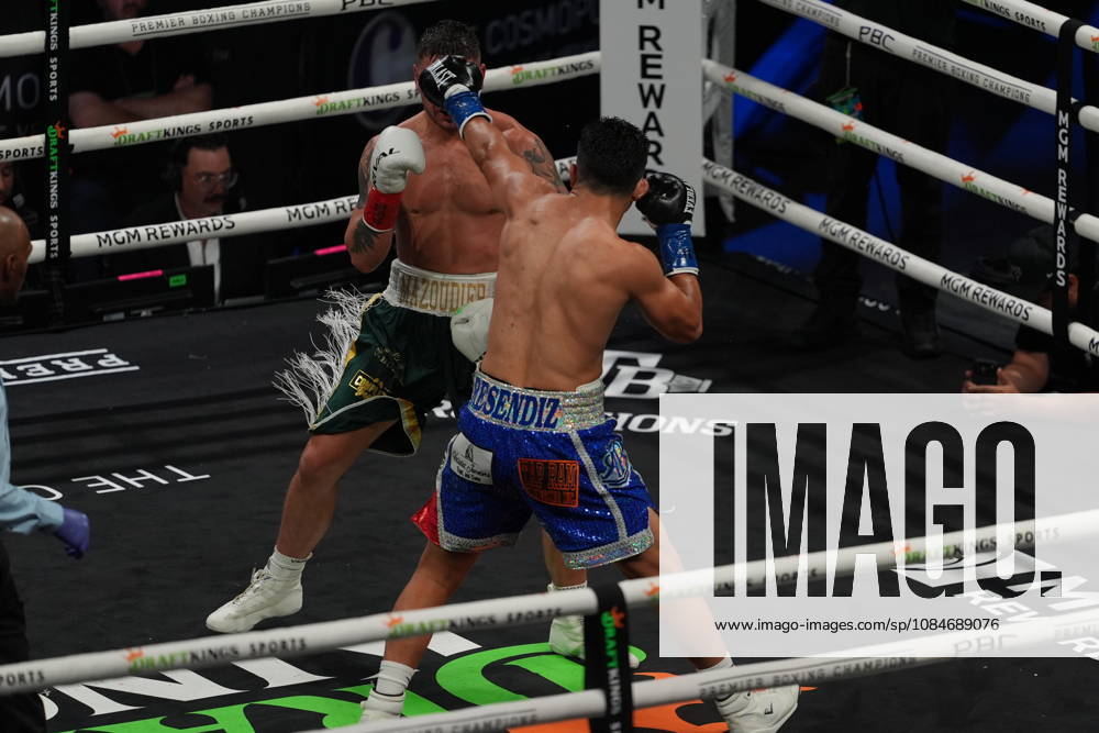 BOXING: Armando Resendiz vs Koen Mazoudier in Las Vegas LAS VEGAS, NEVADA - OCTOBER 17: Armando Resendiz (in blue short) and Koen Mazoudier (in green short) exchange punches during their super middleweight fight on Saturday night at the Chelsea of The Cosmopolitan in Las Vegas, Nevada, United States on October 17, 2026. Tayfun Coskun Anadolu Nevada United States. Editorial use only. Please get in touch for any other usage.