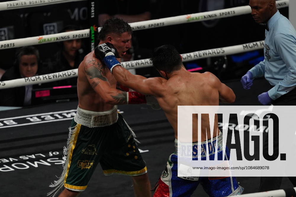 BOXING: Armando Resendiz vs Koen Mazoudier in Las Vegas LAS VEGAS, NEVADA - OCTOBER 17: Armando Resendiz (in blue short) and Koen Mazoudier (in green short) exchange punches during their super middleweight fight on Saturday night at the Chelsea of The Cosmopolitan in Las Vegas, Nevada, United States on October 17, 2026. Tayfun Coskun Anadolu Nevada United States. Editorial use only. Please get in touch for any other usage.