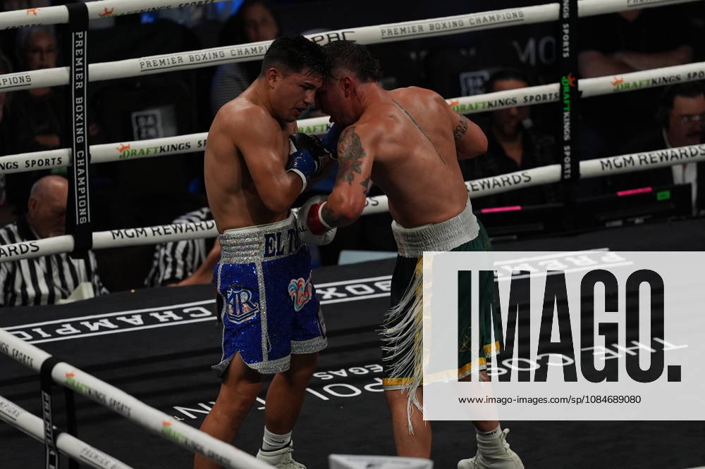 BOXING: Armando Resendiz vs Koen Mazoudier in Las Vegas LAS VEGAS, NEVADA - OCTOBER 17: Armando Resendiz (in blue short) and Koen Mazoudier (in green short) exchange punches during their super middleweight fight on Saturday night at the Chelsea of The Cosmopolitan in Las Vegas, Nevada, United States on October 17, 2026. Tayfun Coskun Anadolu Nevada United States. Editorial use only. Please get in touch for any other usage.