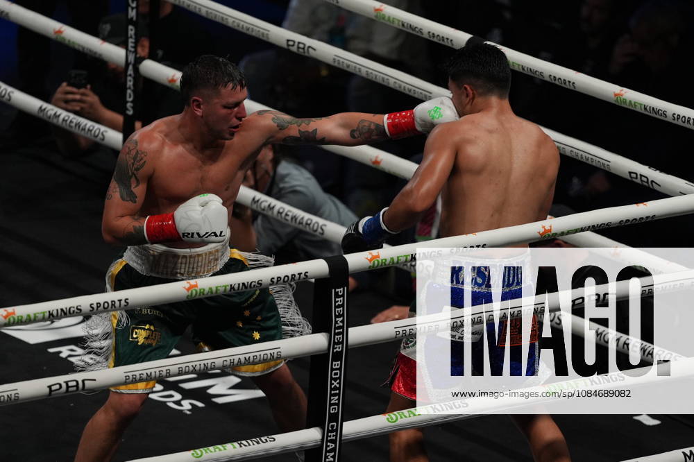 BOXING: Armando Resendiz vs Koen Mazoudier in Las Vegas LAS VEGAS, NEVADA - OCTOBER 17: Armando Resendiz (in blue short) and Koen Mazoudier (in green short) exchange punches during their super middleweight fight on Saturday night at the Chelsea of The Cosmopolitan in Las Vegas, Nevada, United States on October 17, 2026. Tayfun Coskun Anadolu Nevada United States. Editorial use only. Please get in touch for any other usage.