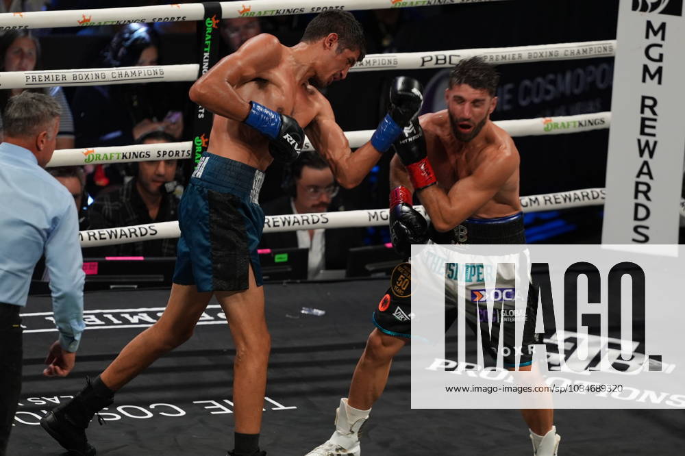 BOXING: Sebastian Fundora vs Ermal Hadribeaj in Las Vegas LAS VEGAS, NEVADA - OCTOBER 17: Sebastian Fundora (in blue glove) and Ermal Hadribeaj (in red glove) exchange punches during their WBC super welterweight World Championship, WM, Weltmeisterschaft title on Saturday night at the Chelsea of The Cosmopolitan in Las Vegas, Nevada, United States on October 17, 2026. Tayfun Coskun Anadolu Nevada United States. Editorial use only. Please get in touch for any other usage.
