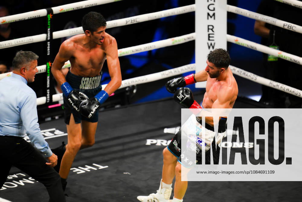 BOXING: Sebastian Fundora vs Ermal Hadribeaj in Las Vegas LAS VEGAS, NEVADA, UNITED STATES - OCTOBER 17: Sebastian Fundora (blue) and Ermal Hadribeaj (red) exchange punches during their WBC super welterweight World Championship, WM, Weltmeisterschaft title on Saturday night at the Chelsea of The Cosmopolitan in Las Vegas, Nevada, United States on October 17, 2026. Tayfun Coskun Anadolu Nevada United States. Editorial use only. Please get in touch for any other usage.