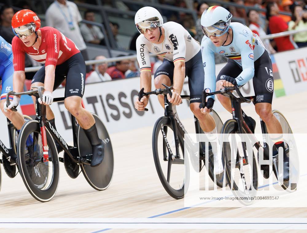 Danish Tobias Hansen, German Tim Torn Teutenberg and Belgian Jules Hesters pictured during the Mens Elimination Race event at the UCI Track cycling, Rad, Radsport, Bahnrad, Bahn World Championships in Shanghai, China on Sunday 18 October 2026. The worlds are taking place from 14 to 18 October 2026. BENOITxDOPPAGNE x190175679x