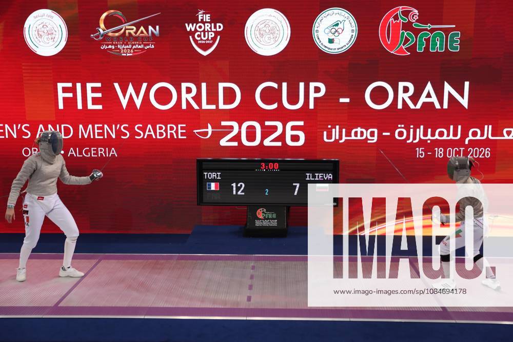 FIE Fencing World Cup in Algeria ORAN, ALGERIA - OCTOBER 18: French fencer Toscane Tori (R) competes against Bulgaria s Yoana Ilieva (L) during the women s individual sabre final at the FIE Fencing World Cup at the Miloud Hadefi Olympic Complex in Oran, Algeria, on October 18, 2026. Tori defeats Ilieva 15-12 to claim her first career World Cup title. Farouk Batiche Anadolu Oran Algeria. Editorial use only. Please get in touch for any other usage.