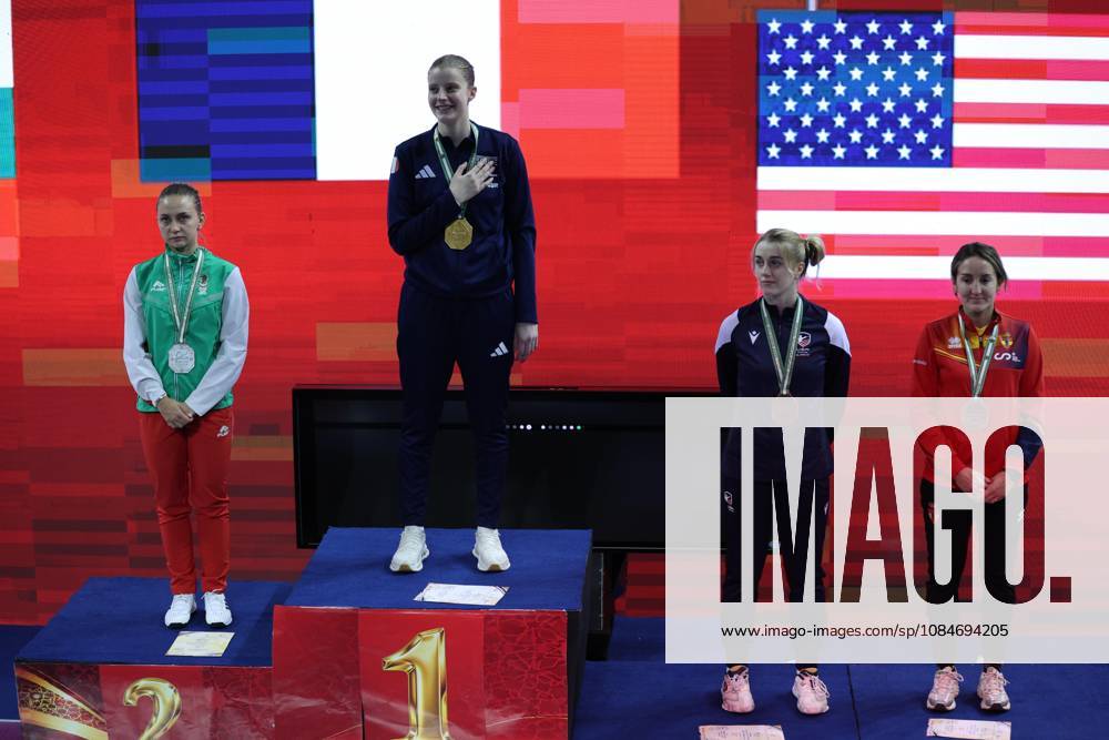 FIE Fencing World Cup in Algeria ORAN, ALGERIA - OCTOBER 18: French fencer Toscane Tori (2nd L) receives her gold medal during the award ceremony at the FIE Fencing World Cup at the Miloud Hadefi Olympic Complex in Oran, Algeria, on October 18, 2026. Tori defeats Bulgaria s Yoana Ilieva 15-12 in the women s individual sabre final to claim her first career World Cup title. Farouk Batiche Anadolu Oran Algeria. Editorial use only. Please get in touch for any other usage.