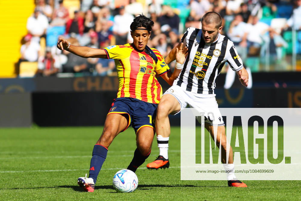 Lecce’s youssef maleh fights for the ball with Udinese s Giorgi chakvetadze during the Serie A soccer match between Udinese and Lecce at the Friuli Stadium in Udine, north east Italy - October 18, 2026. - Soccer