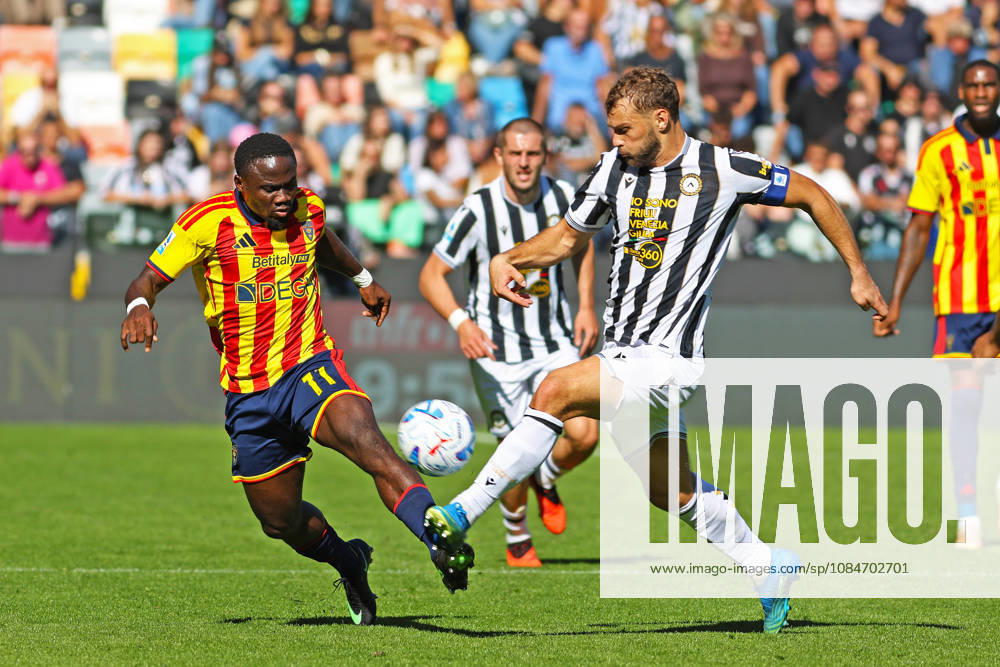 Lecce’s konan n dri fights for the ball with Udinese’s Jesper Karlstroem during the Serie A soccer match between Udinese and Lecce at the Friuli Stadium in Udine, north east Italy - October 18, 2026. - Soccer