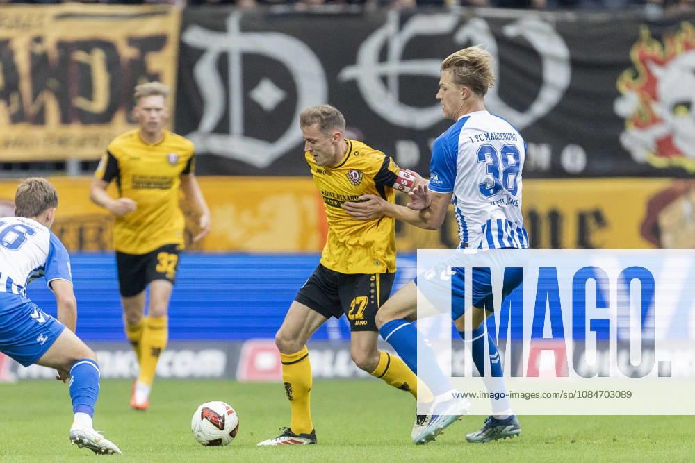 GER, Dresden, Fussball, 2. Bundesliga, 8. Spieltag, Dynamo Dresden vs. 1. FC Magdeburg im Bild v.l.: Niklas Hauptmann (Dynamo Dresden 27), Luka Hyrylaeinen (FC Magdeburg 38), Zweikampf 18.10.2026, Rudolf-Harbig Stadion Dresden DFL DFB REGULATIONS PROHIBIT ANY USE OF PHOTOGRAPHS AS IMAGE SEQUENCES AND OR QUASI-VIDEO,