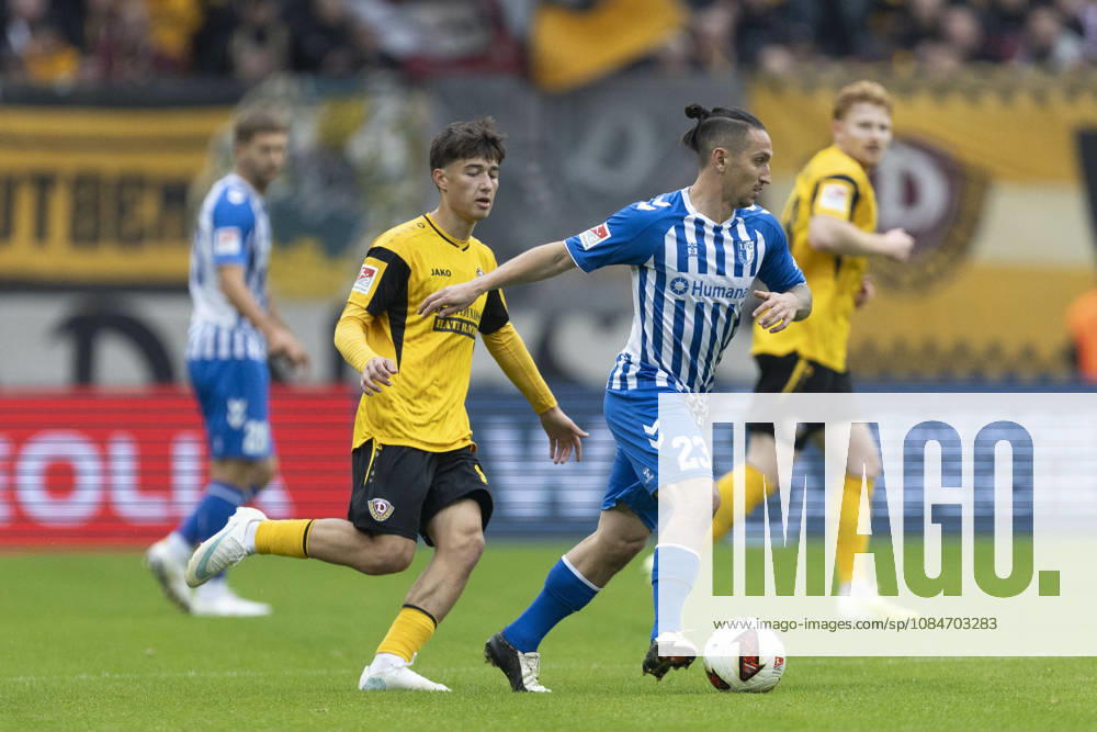 GER, Dresden, Fussball, 2. Bundesliga, 8. Spieltag, Dynamo Dresden vs. 1. FC Magdeburg im Bild v.l.: Patrice Covic (Dynamo Dresden 24), Baris Atik (FC Magdeburg 23), Zweikampf 18.10.2026, Rudolf-Harbig Stadion Dresden DFL DFB REGULATIONS PROHIBIT ANY USE OF PHOTOGRAPHS AS IMAGE SEQUENCES AND OR QUASI-VIDEO,